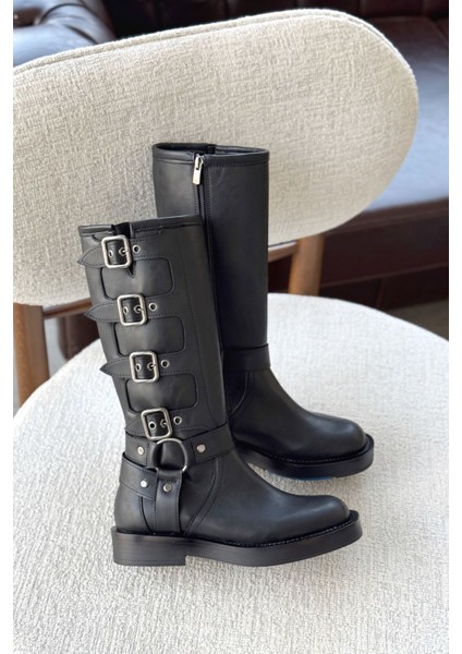 Kadın Pucet Düz Tabanlı Tokalı Çizme - Siyah-Deri fırsatları
