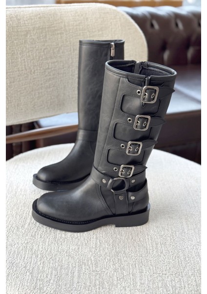 Kadın Pucet Düz Tabanlı Tokalı Çizme - Siyah-Deri indirimleri