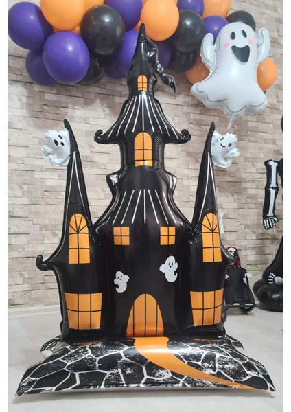 Ayaklı Şato Folyo Balon Yerde Durabilen Hayaletli Cadılar Bayramı Şatosu Halloween Süsleri