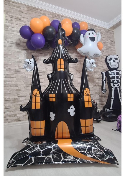 Ayaklı Şato Folyo Balon Yerde Durabilen Hayaletli Cadılar Bayramı Şatosu Halloween Süsleri modelleri