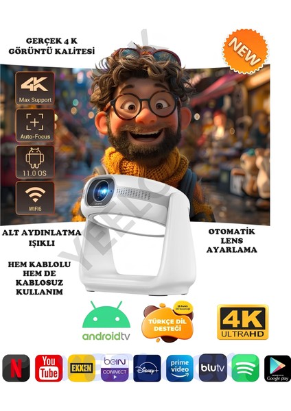 Taşınabilir Sinema Projektörü 4K Şarjlı Bluetooth Android Akıllı Hoparlörlü Işıklı Gerçek 4K