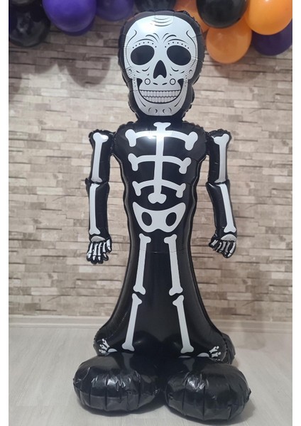 Ayaklı Siyah Iskelet Folyo Balon Cadılar Bayramı Halloween Süsleri Dev Iskelet Folyo Balon