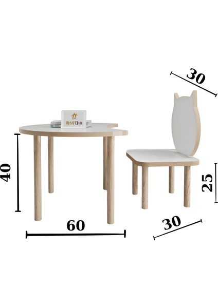 Ahşap Okulu Oyun Aktivite Masası - Etkinlik Masası - Çocuk Ders Çalışma Masası-  Hilal  Masa  ve Kedi Sandalye