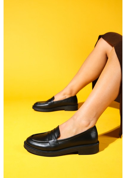 Pline Siyah Cilt Deri Kadın Loafer Ayakkabı indirimleri