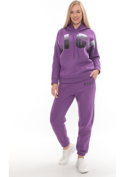 Eşofman Takımı Sweatshirt Jogger -Baskılı Taşlı Oversize Şardonlu 3 Iplik Kapüşonlu Takım