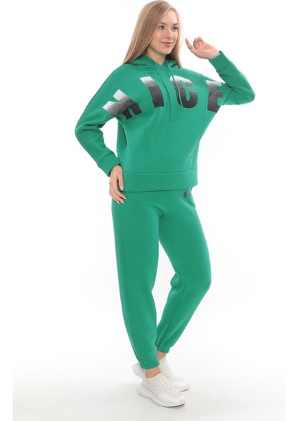Eşofman Takımı Sweatshirt Jogger -Baskılı Taşlı Oversize Şardonlu 3 Iplik Kapüşonlu Takım