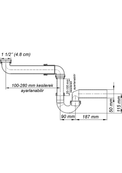 yer kazandıran lavabo sifonu evye sifonu, 1 1/2''bağlantı ağızlı, süzgeçsiz,50lik çıkış, lavabo dolabında ve çekmecesinde lavabo ve evye altında duvara bitişik montajlı koku önleyici S sistemi