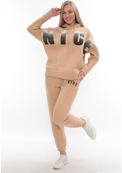 Eşofman Takımı Sweatshirt Jogger -Baskılı Taşlı Oversize Şardonlu 3 Iplik Kapüşonlu Takım