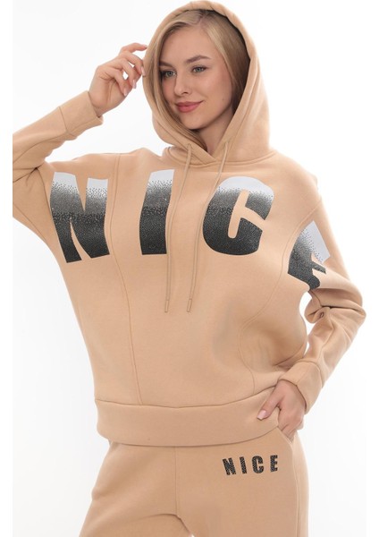 Eşofman Takımı Sweatshirt Jogger -Baskılı Taşlı Oversize Şardonlu 3 Iplik Kapüşonlu Takım