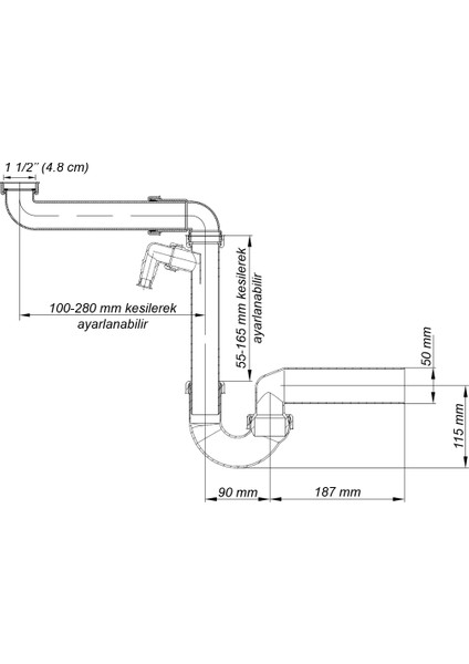 Yer Kazandıran Lavabo Sifonu ve Evye Sifonu, 1 1/2'' Süzgeçsiz, Lavabo Dolabında ve Çekmecesinde Evye Altında Duvara Bitişik Montajlı Koku Önleyici S Sistemi Çamaşır Bulaşık Makinesi Giderli