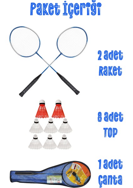 11 Parça Çantalı Set Badminton Raketi Seti 2 Raket + 8 Top + Çanta Amatör Çocuk-Genç Raket Top Seti