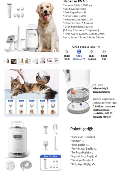 P0 Pro Vakumlu Kedi Köpek Tıraş ve Tarama Seti