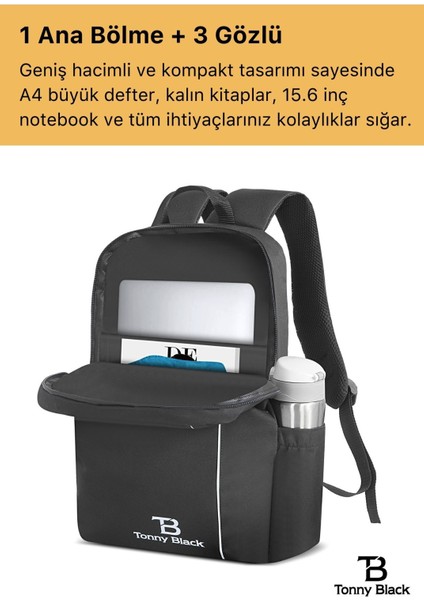 Tonny Black Orijinal 15.6" Unisex 4 Bölmeli Su Itici Kumaş Laptop Bölmeli Notebook Bilgisayar Için Sırt Çantası