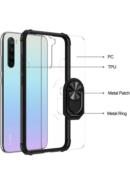 - Xiaomi Redmi Note 8 - Kılıf Yüzüklü Arkası Şeffaf Koruyucu Mola Kapak - Siyah