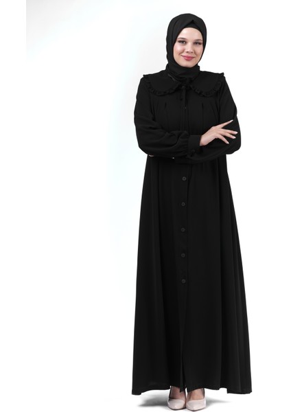 Siyah Bebe Yaka Pileli Manşetli Düğmeli Tesettür Ferace 24352