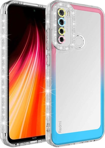 - Xiaomi Redmi Note 8 - Kılıf Simli ve Renk Geçiş Tasarımlı Lens Korumalı Park Kapak - Pembe-Mavi - T24491