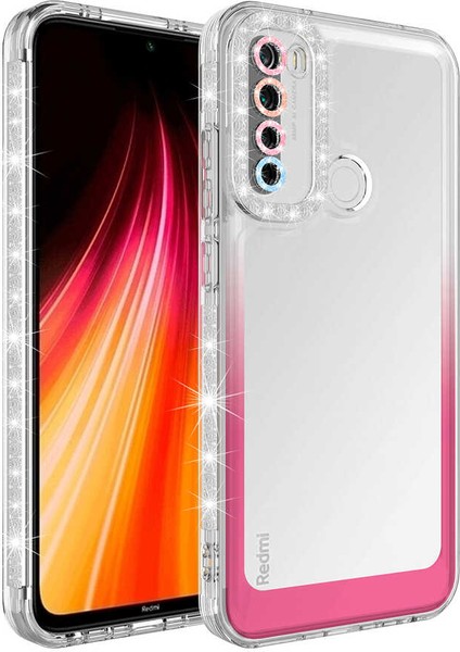- Xiaomi Redmi Note 8 - Kılıf Simli ve Renk Geçiş Tasarımlı Lens Korumalı Park Kapak - Beyaz-Pembe - T24491
