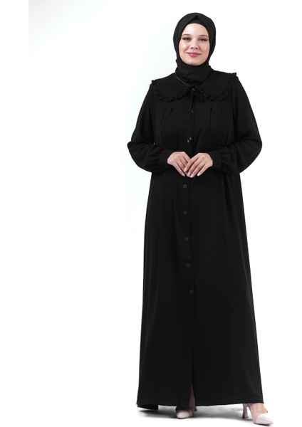 Siyah Bebe Yaka Pileli Manşetli Düğmeli Tesettür Ferace 24352 fırsatları