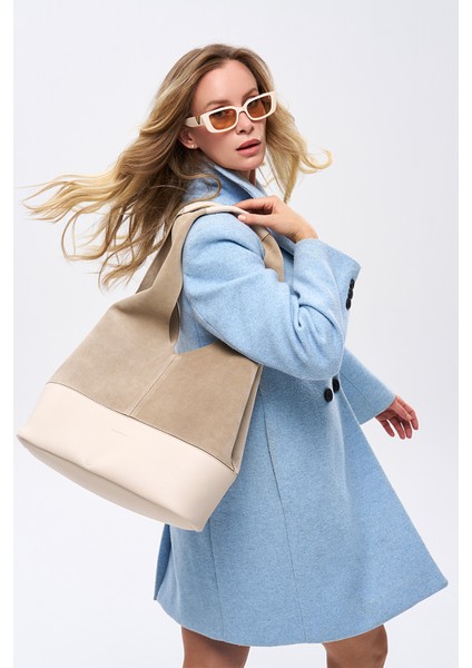 Hakiki Süet Salaş Omuz Çantası Ekru