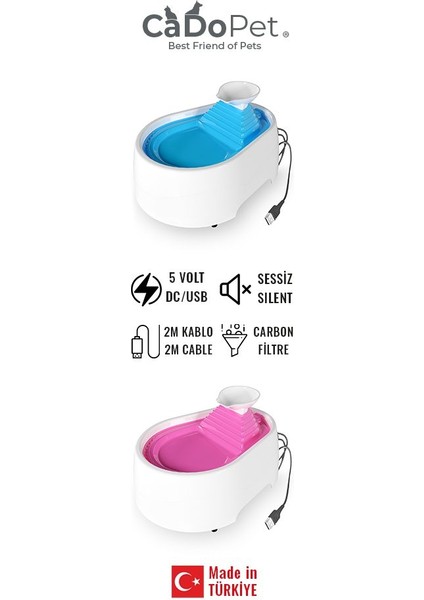 Kedi Köpek Su Pınarı Şelale 2 Litre - 5 Volt ( Usb'li ) Pembe
