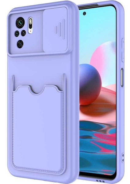 - Xiaomi Redmi Note 10S - Kılıf Slayt Sürgülü Kart Bölmeli ​Kartix Kapak - Koyu Mor