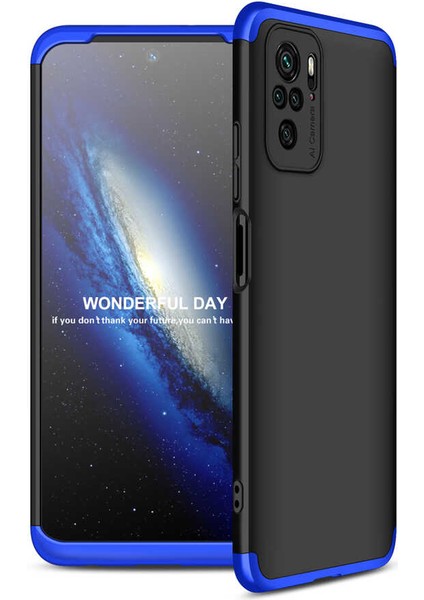 - Xiaomi Redmi Note 10 - Kılıf Parmak izi Yapmayan 3 Parça Ays Kapak - Siyah-Mavi
