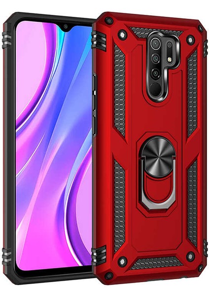 - Xiaomi Redmi 9 - Kılıf Yüzüklü Zırh Tank Vega Kapak - Kırmızı - T14472