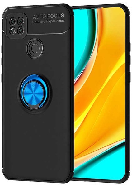 - Xiaomi Redmi 9C - Kılıf Yüzüklü Karbon Ravel Silikon Kapak - Siyah-Mavi - T14466