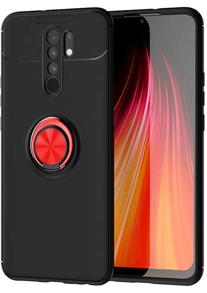 - Xiaomi Redmi 9 - Kılıf Yüzüklü Karbon Ravel Silikon Kapak - Siyah-Kırmızı - T14214