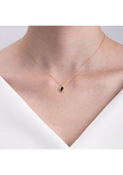 Altın Kolye - Smoky Taşlı Oval Çerçeveli Sade Minimal Tasarım Tarz 14 Ayar Altın Kolye modelleri