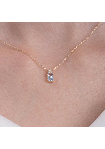 Altın Kolye - - Baget Tasarım London Blue Topaz Taşlı Şık Tarz 14 Ayar Altın Kolye