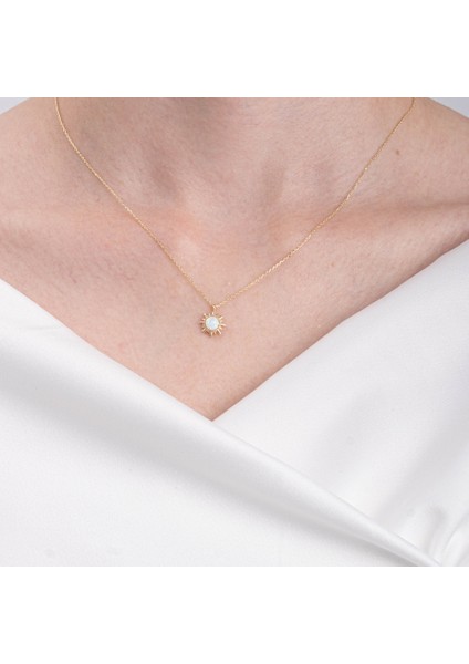 Altın Kolye - 14 Ayar Beyaz Opal Taşlı Güneş Motifli Altın Kolye modelleri