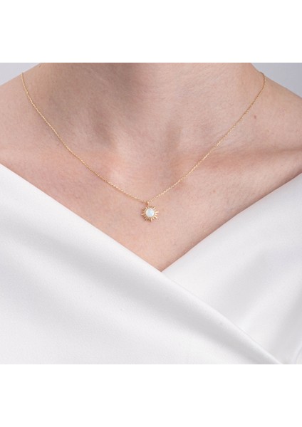 Altın Kolye - 14 Ayar Beyaz Opal Taşlı Güneş Motifli Altın Kolye fırsatları