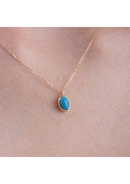 Altın Kolye - Bombeli Turkuaz (Firuze) Taşlı Sade Minimal Tasarım 14 Ayar Altın Kolye