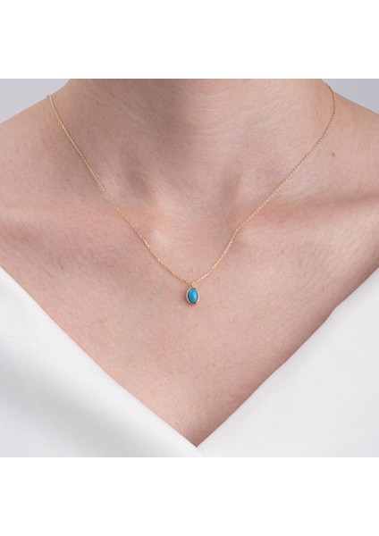Altın Kolye - Bombeli Turkuaz (Firuze) Taşlı Sade Minimal Tasarım 14 Ayar Altın Kolye modelleri