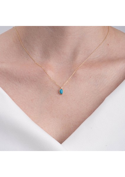 Altın Kolye - Bombeli Turkuaz (Firuze) Taşlı Sade Minimal Tasarım 14 Ayar Altın Kolye fırsatları