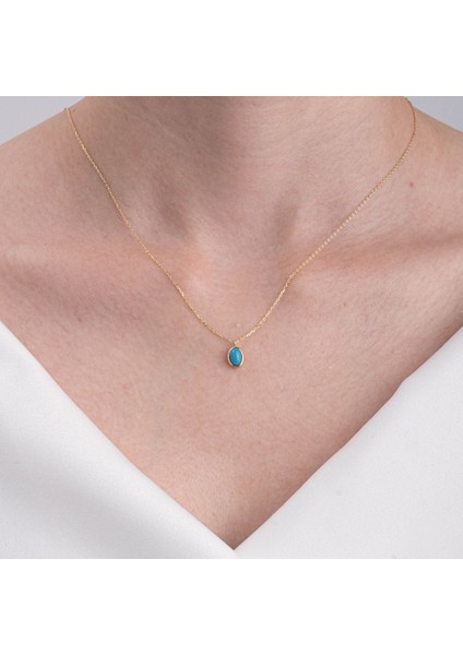 Altın Kolye - Bombeli Turkuaz (Firuze) Taşlı Sade Minimal Tasarım 14 Ayar Altın Kolye indirimleri