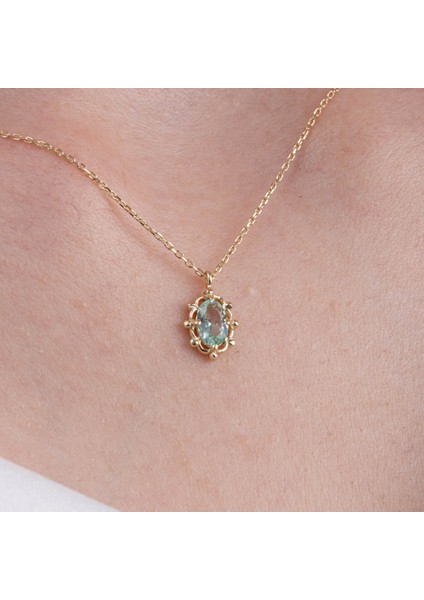 Gümüş Kolye - Vintage Tasarım Green Topaz (Su Yeşili) Taşlı 925 Ayar Gümüş Kolye