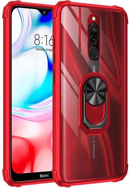 - Xiaomi Redmi 8A - Kılıf Yüzüklü Arkası Şeffaf Koruyucu Mola Kapak - Kırmızı - T14092