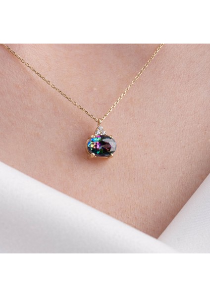 Altın Kolye - - 1.15 Karat Mistik Topaz Taşlı Zirkon Taşlarla Süslenmiş Sade Modern Tasarım 14 Ayar Altın Kolye