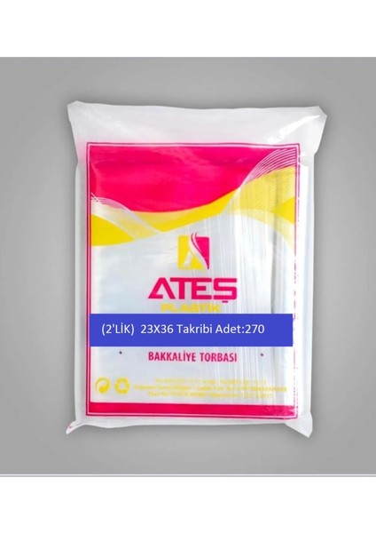 Ateş Plastik Naylon Torba, Şeffaf Poşet Bakkaliye Torbası, Çerez Poşeti 2'lik 23 x 36 cm