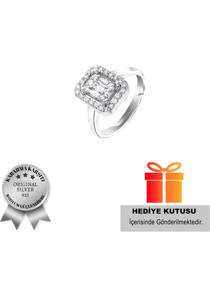 925 Ayar Gümüş Rodyum Kadın Baget Gümüş Yüzük(Ayarlanabilir)