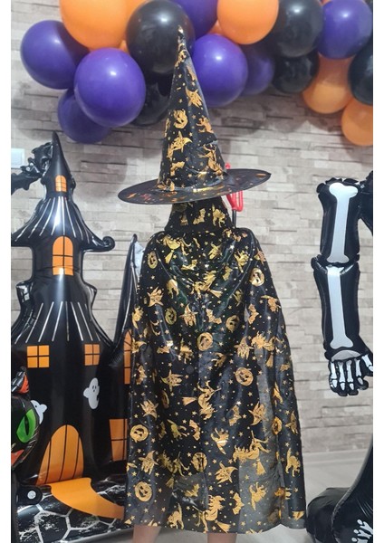 Cadılar Bayramı Pelerin Lüks Siyah Üzeri Gold Baskılı Halloween Pelerin modelleri