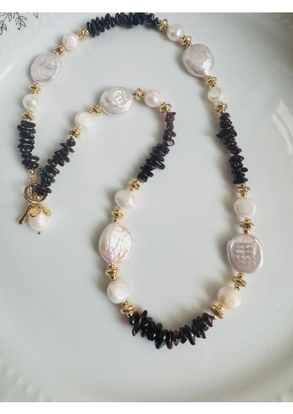 Doğal Taş Garnet ve Gerçek Inci Kolye