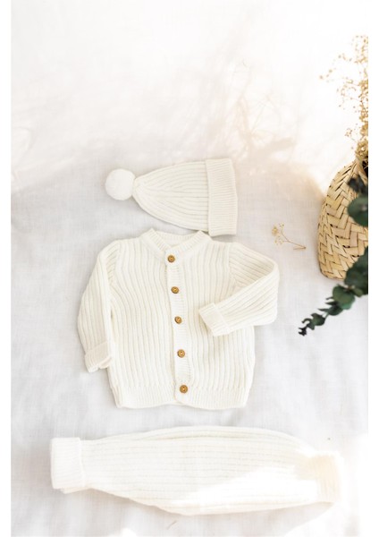 Triko Bereli Alt Üst Takım Bebek Set Ekru