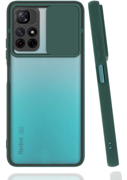 - Xiaomi Poco M4 Pro 5G - Kılıf Slayt Sürgülü Arkası Buzlu Lensi Kapak - Koyu Yeşil - T20569