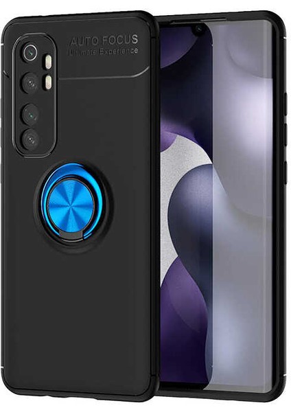 - Xiaomi Mi Note 10 Lite - Kılıf Yüzüklü Karbon Ravel Silikon Kapak - Siyah-Mavi - T13713