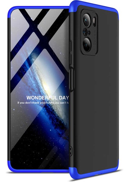 - Xiaomi Poco F3 - Kılıf Parmak izi Yapmayan 3 Parça Ays Kapak - Siyah-Mavi - T17310