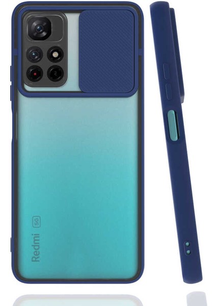 - Xiaomi Poco M4 Pro 5G - Kılıf Slayt Sürgülü Arkası Buzlu Lensi Kapak - Lacivert - T20569