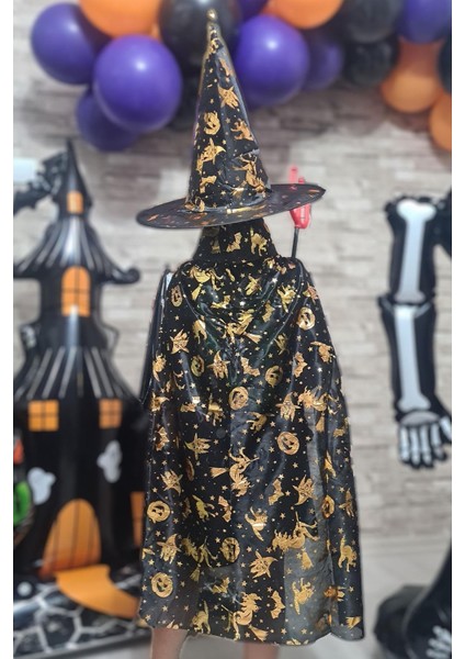 Cadılar Bayramı Pelerin Şapka Takımı Lüks Siyah Üzeri Gold Baskılı Halloween Pelerin Çocuk Kostüm